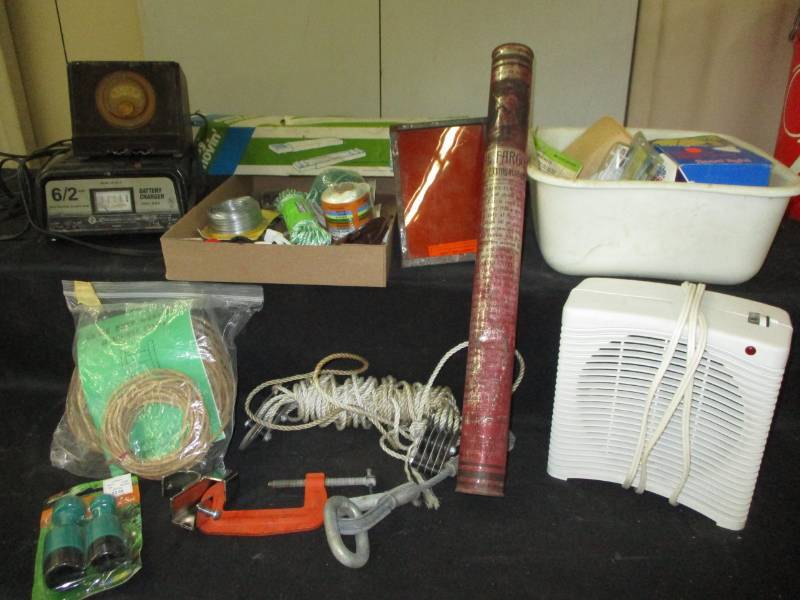 lot 72 image: Battery Charger, old outside to Fargo Fire Extinguisher, Clothes line, misc