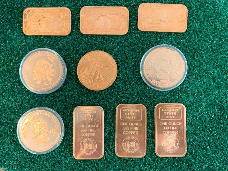 Lot of 10 One Ounce Investment Grade Copper Bars & Rounds