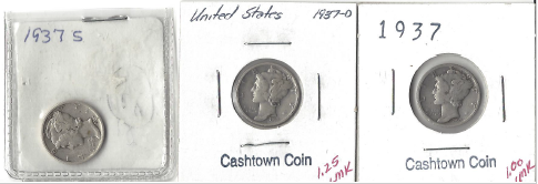 lot 1 image: Three Different Mercury Dimes - 1937, 1937-D, & 1937-S