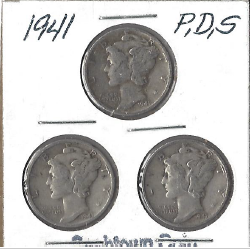 lot 3 image: Three Different Mercury Dimes - 1941, 1941-D, & 1941-S