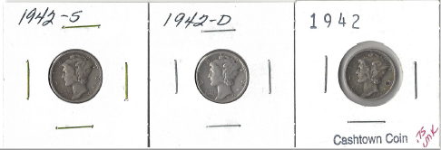 lot 4 image: Three Different Mercury Dimes - 1942, 1942-D, & 1942-S