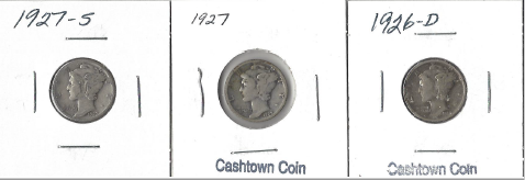 lot 5 image: Three Different Mercury Dimes - 1926-D, 1927, & 1927-S