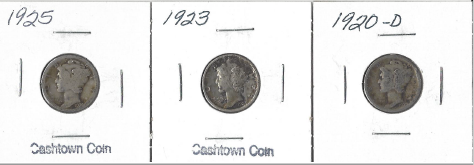 lot 7 image: Three Different Mercury Dimes - 1920-D, 1923, & 1925