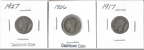 lot 8 image: Three Different Mercury Dimes - 1917, 1926, & 1927