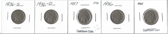 lot 9 image: Five Different Buffalo Nickels - 1935, 1936, 1937, 1936-D, & 1936-S