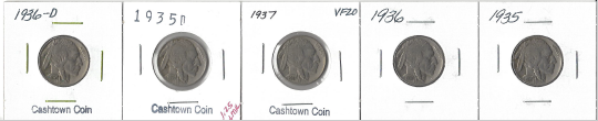 lot 10 image: Five Different Buffalo Nickels - 1935, 1936, 1937, 1935-D, & 1936-D