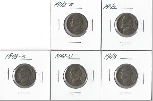 lot 13 image: Five Different Silver War Nickels - 1942 P,S & 1943 P,D,S