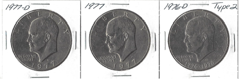 lot 16 image: Three Different Ike Dollars - 1976-D Type 2, 1977, & 1977-D