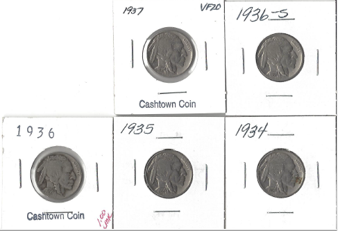 lot 18 image: Five Different Buffalo Nickels - 1934, 1935, 1936, 1936-S, & 1937