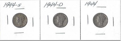 lot 19 image: Three Different Mercury Dimes - 1944, 1944-D, & 1944-S