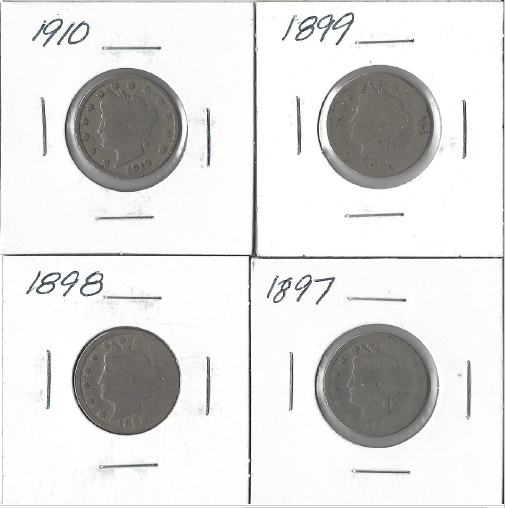 lot 24 image: Four Different Liberty Head Nickels - 1897, 1898, 1899, & 1910
