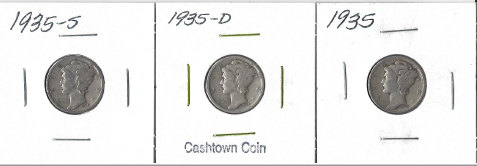 lot 25 image: Three Different Mercury Dimes - 1935, 1935-D, & 1935-S