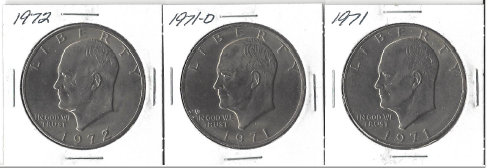 lot 31 image: Three Different Ike Dollars - 1971, 1971-D, & 1972