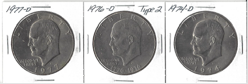 lot 37 image: Three Different Ike Dollars - 1974-D, 1976-D Type 2, & 1977-D