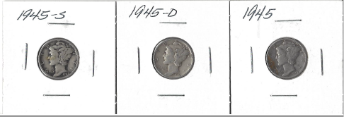 lot 27 image: Three Different Mercury Dimes - 1945, 1945-D, & 1945-S