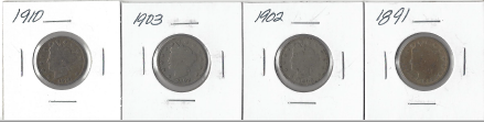lot 45 image: Four Different Liberty Head Nickels - 1891, 1902, 1903, & 1910
