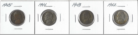 lot 48 image: Four Different Silver War Nickels - P Mints - 1942, 1943, 1944, & 1945