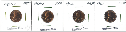 lot 52 image: Four Proof Cents - 1961, 1962, 1968-S, & 1969-S