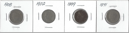 lot 70 image: Four Different Liberty Head Nickels - 1891, 1899, 1902, 1908