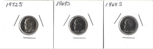 lot 75 image: Three Proof Roosevelt Dimes - 1968-S, 1969-S, & 1972-S