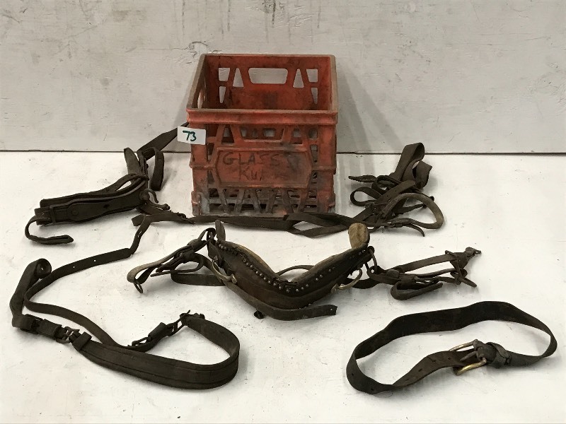 lot 73 image: Crate Of Assorted Leather Equestrian Harness & Etc