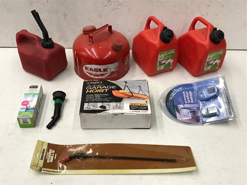 lot 93 image: Gas Cans, Garage Hoist, Washer Shut-Off Sensor, Etc