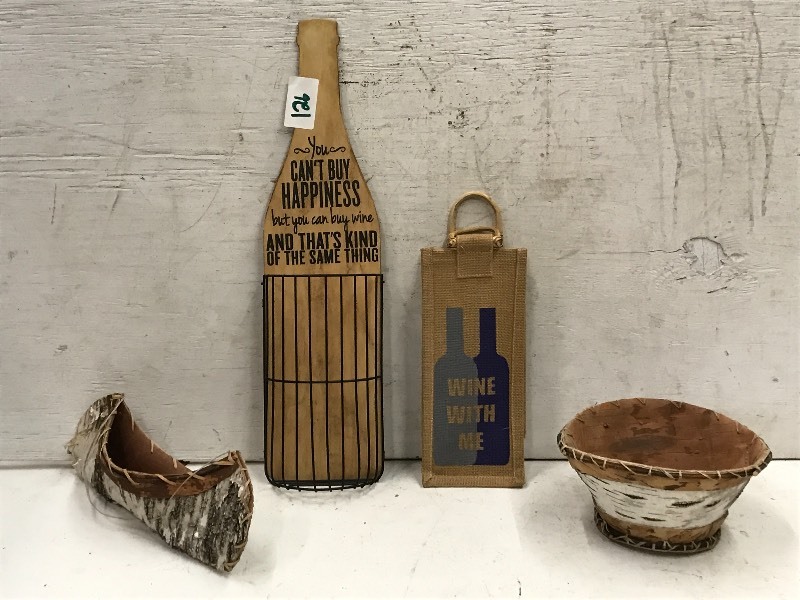 lot 126 image: (2) Birch Tree Bark Decor Pieces & (1) Wine-Bottle Decor