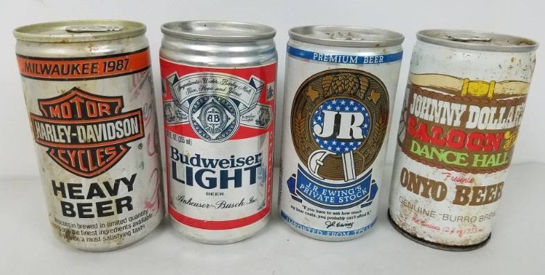 lot 51 image: 4 Vintage Beer Cans Harley Davidson J. R. Ewing Private Stock & Johnny Dollars