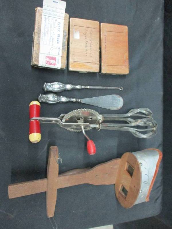 lot 101 image: Steryoscope, old beater, and wood boxes to ship slides in and misc