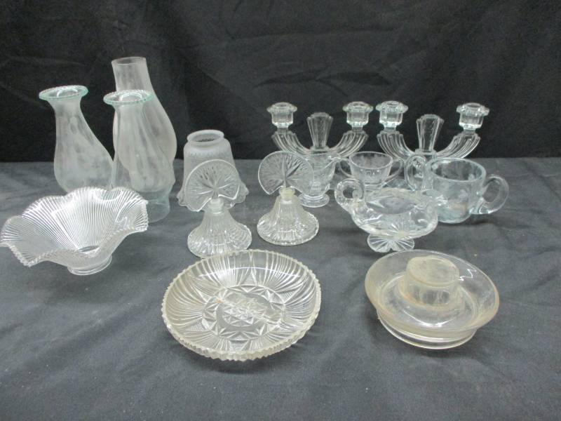 lot 108 image: Glass Candle Holders and cream and sugars and other various glassware