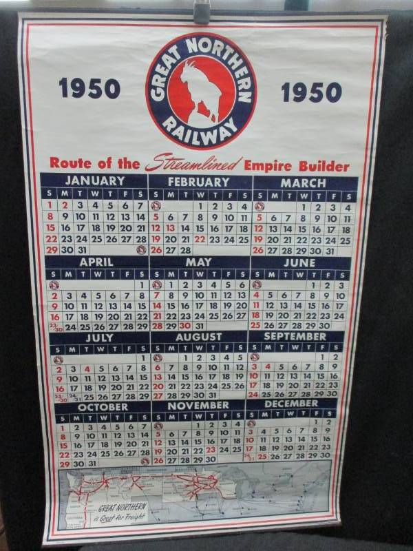 lot 110 image: 1950 Great Northern Railway Calendar pretty good condition, id hang it on my wall all could be framed
