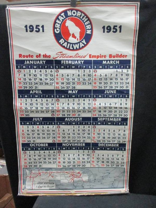 lot 111 image: 1951 Great Northern Railway Calendar only rough part is the bottom but would be fine in a frame