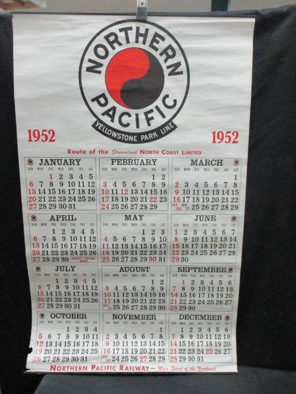 lot 112 image: 1952 Northern Pacific Railway Calendar pretty good condition, id hang it on my wall, all could be framed