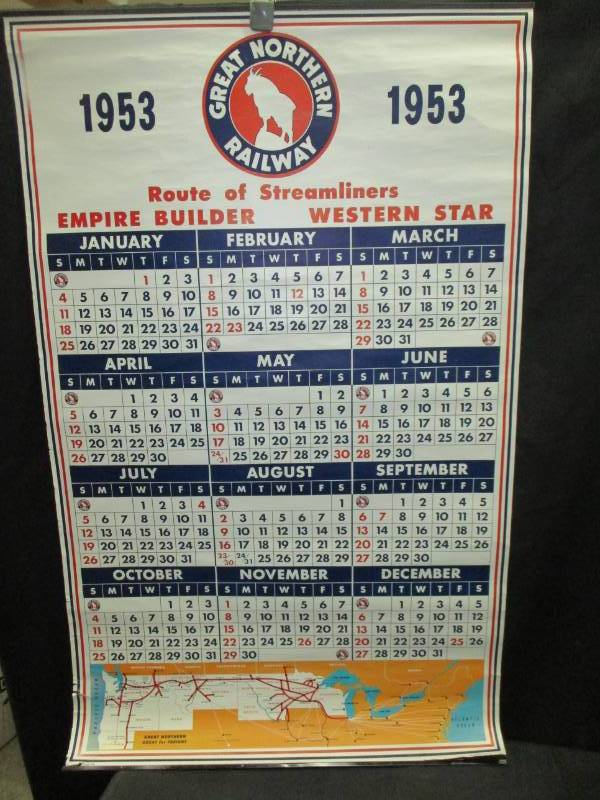 lot 113 image: 1953 Great Northern Railway Calendar prety good condition, id hang it on my wall all could be framed