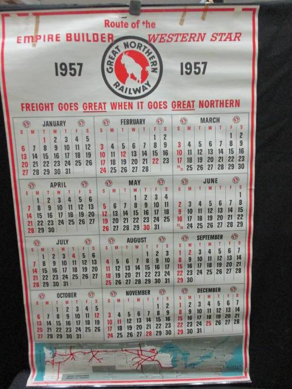 lot 116 image: 1957 Great Northern Railway Calendar prety good condition, id hang it on my wall all could be framed