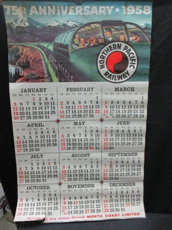 lot 117 image: 1958 75th Anniversary Northern Pacific Railway Calendar only rough part is the bottom but would be fine in a frame