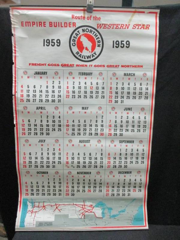 lot 118 image: 1959 Great Northern Railway Calendar prety good condition, id hang it on my wall all could be framed