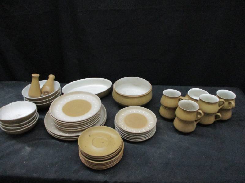 lot 126 image: 44 pc dishes set, Denby Stoneware needs to be cleaned, chips on one maybe 2 pieces