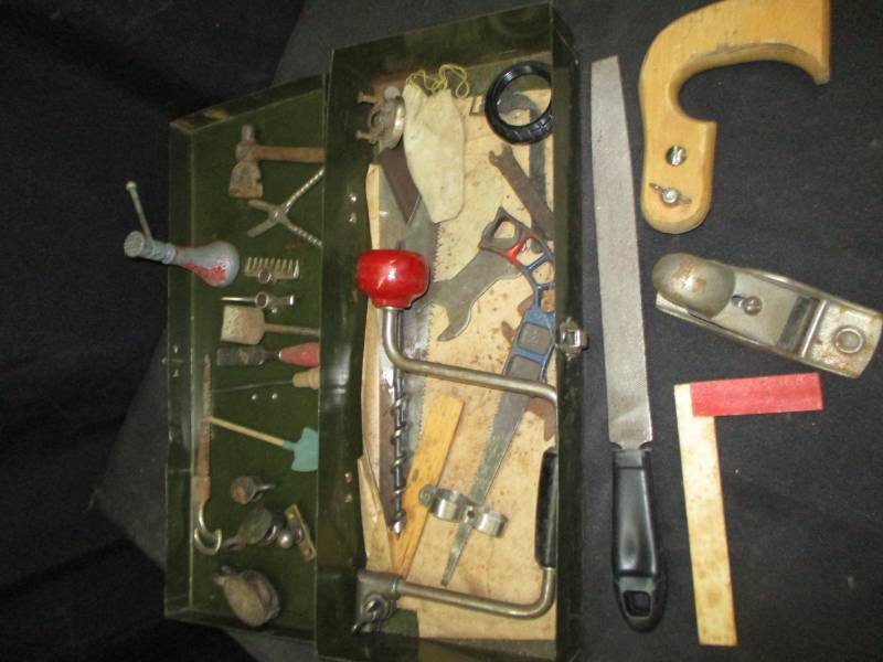 lot 153 image: Toolbox full of Mini Tools,, Pulleys, Jack and more