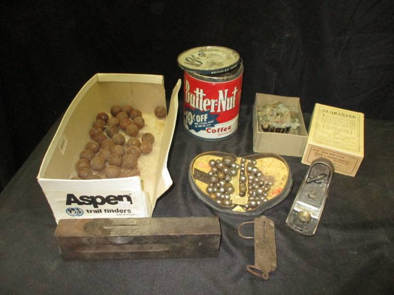 lot 172 image: Muskets, old plane, stanley level, and old clock