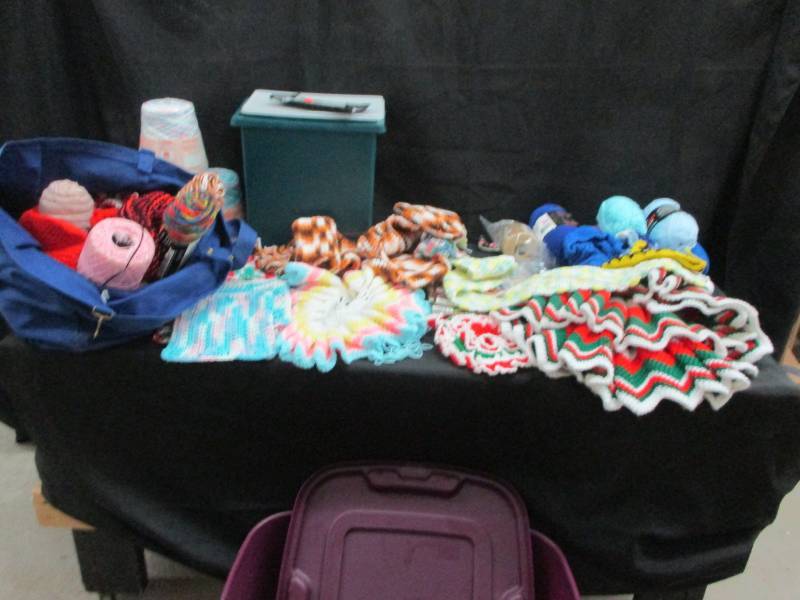 lot 42 image: Homemade Pot Holders, Yarn, Needles, Rags, Doileys