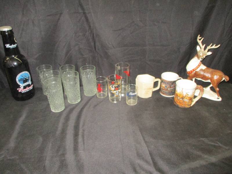 lot 59 image: Glasses, Deer, Terry Redlin Cups, Nascar #3 cup, Coors, Budlight