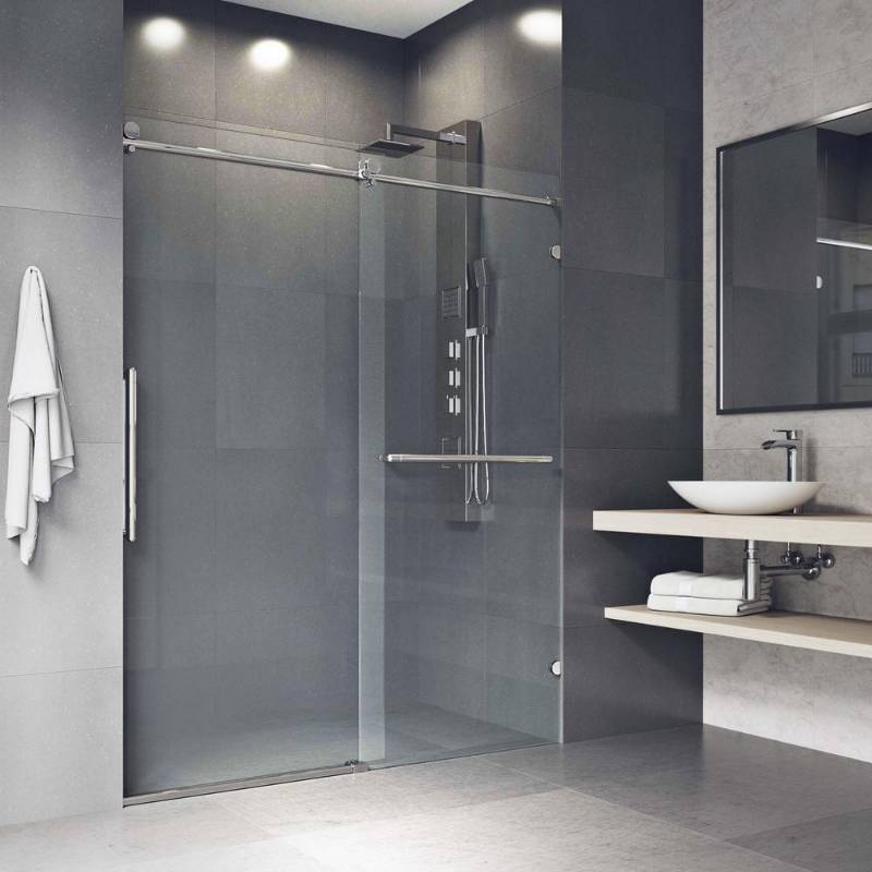 lot 12 image: VIGO Ferrara 60 in. x 74 in. Frameless Sliding Shower Door in Stainless Steel with Tower Bar, VG6080STCL6074