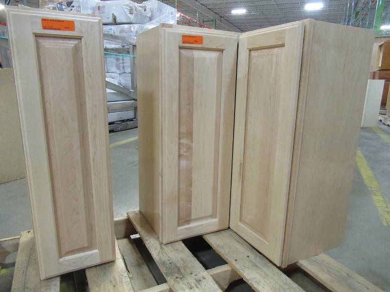 lot 157 image: Natural Hardwood Finish Corner and Small Wall Cabinets.