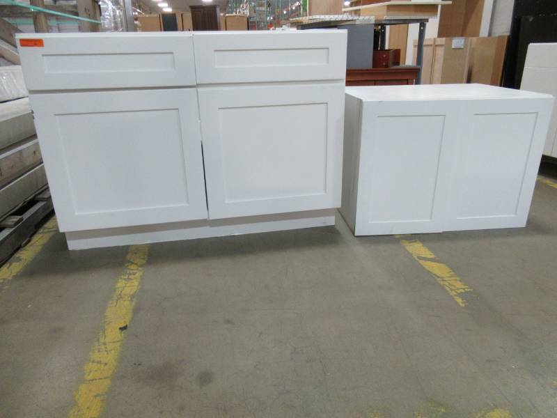 lot 160 image: Design House Brookings Collection Base Cabinet Style 2-Door with 2-Drawer in White And 2-Door Wall Cabinet.