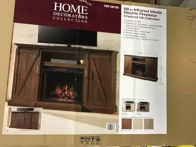 lot 8 image: Home Decorators Collection Chestnut Hill 68 in. TV Stand Electric Fireplace with Sliding Barn Door in Rustic Brown open box in like new condition