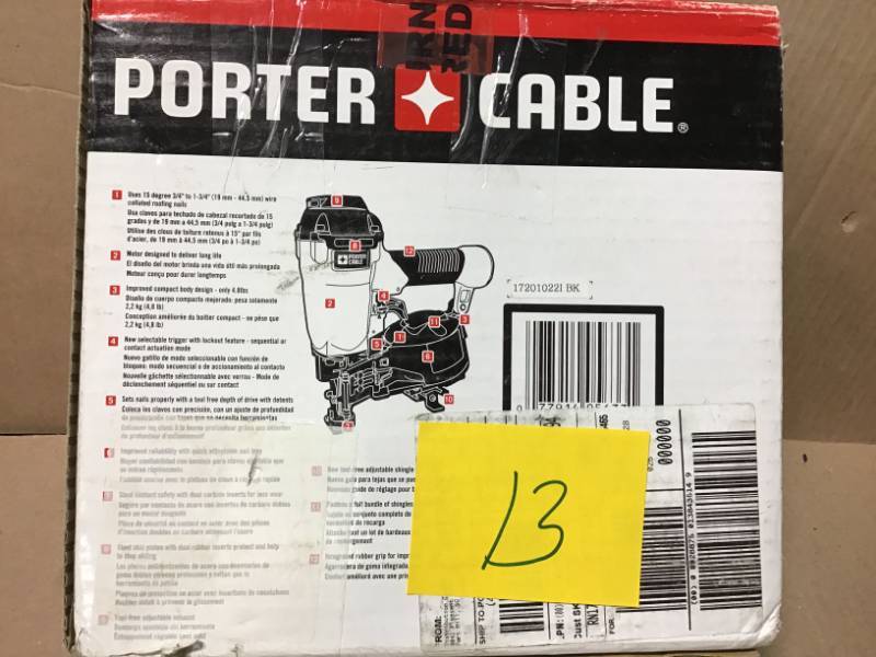 lot 13 image: Porter-Cable Pneumatic 15-Degree Coil Roofing Nailer in very good condition