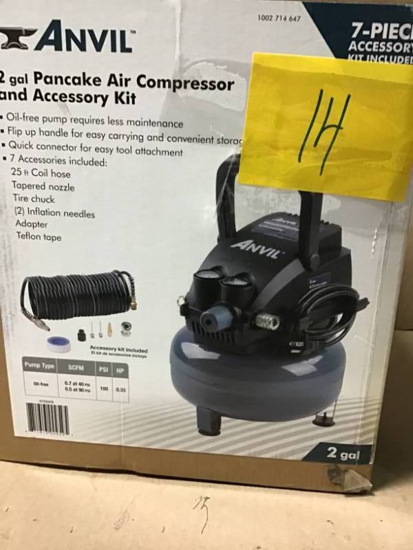 lot 14 image: ANVIL 2G Pancake Air Compressor with 7-Piece Accessories in very good condition