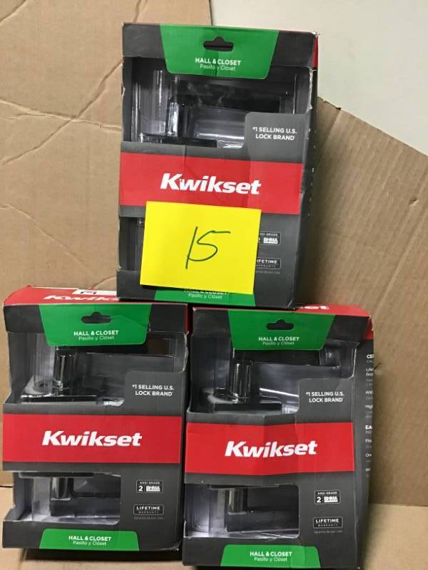 lot 15 image: Kwikset Halifax Square Polished Chrome Passage HallCloset Door Lever QTY 3 not used