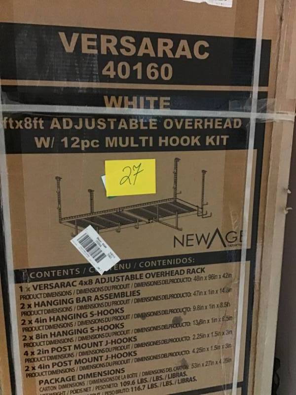 lot 27 image: NewAge Products Versarac 48 in. W x 18 in. H x 96 in. D Adjustable Ceiling Storage Rack with Hooks in White (12-Piece) not used